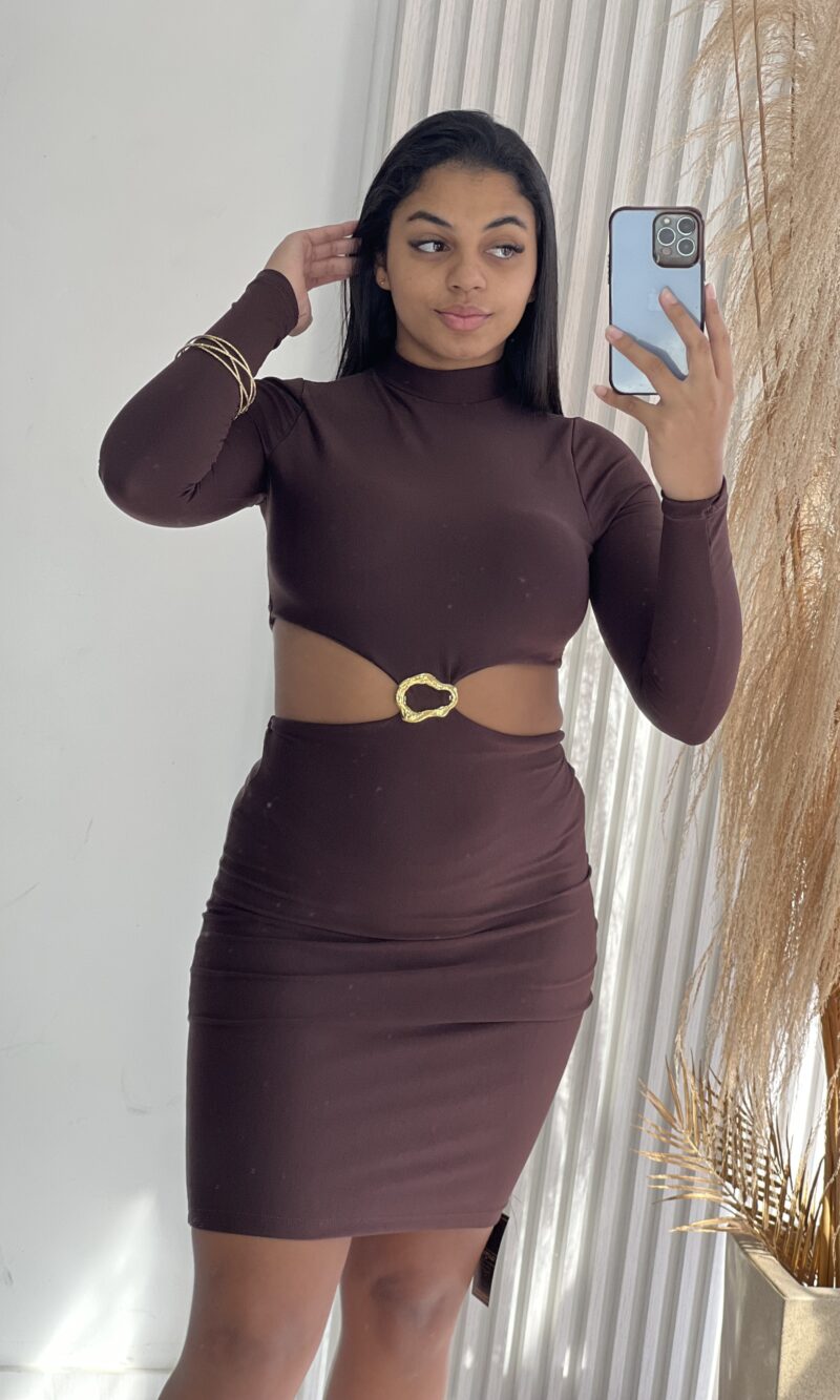 vestido manga longa fernanda marrom