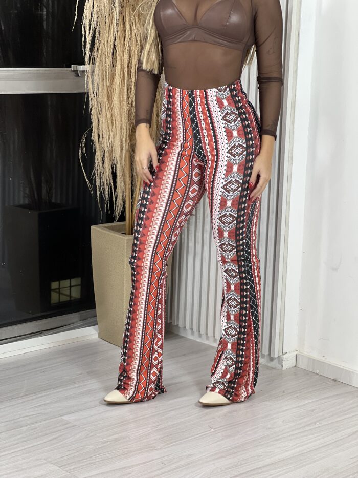 calça flare amara estampado marrom