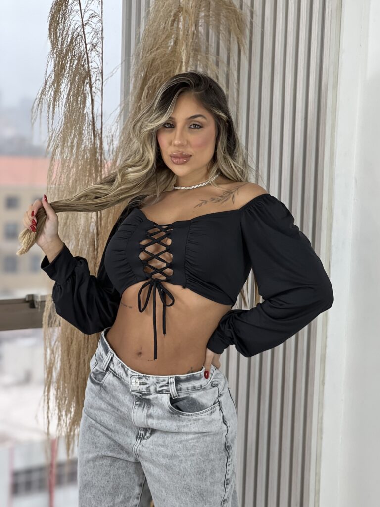 cropped manga longa estela preto