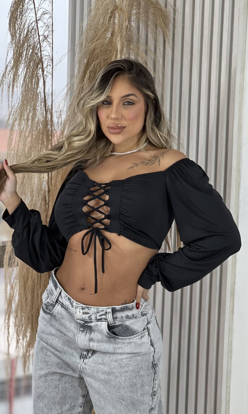 cropped manga longa estela preto