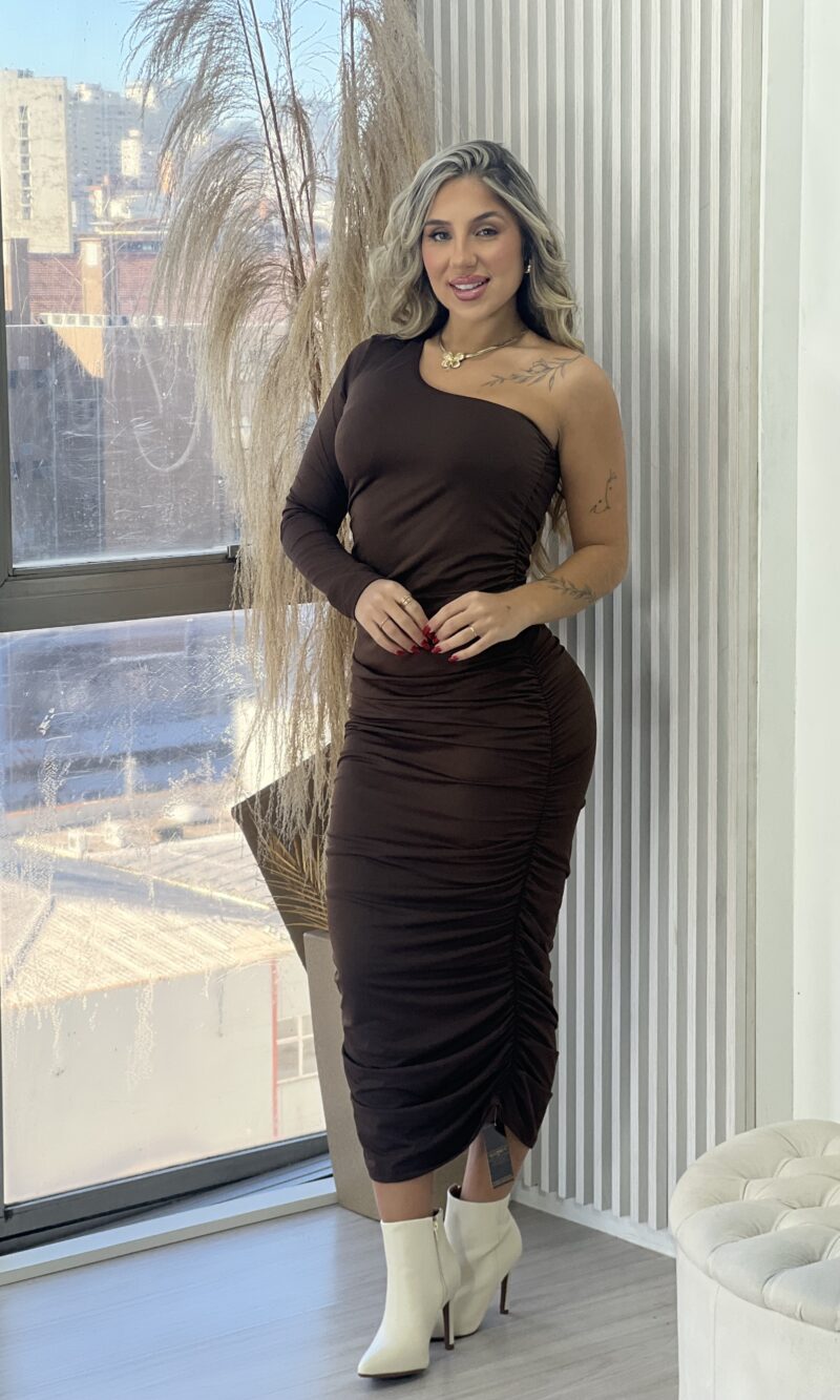 vestido midi manga longa melissa marrom