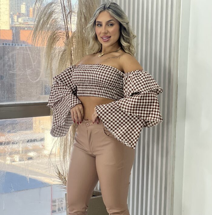 blusa ciganinha xadrez bege