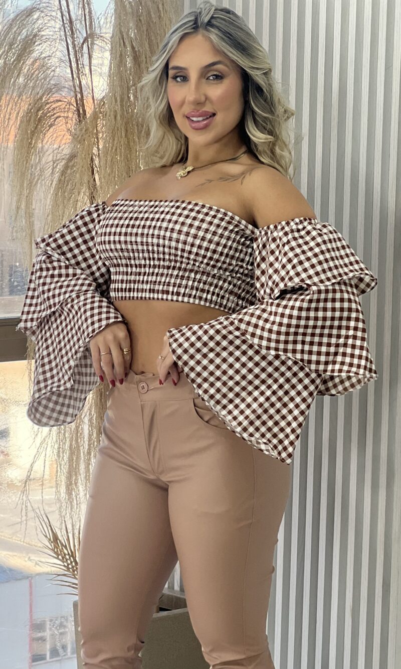 blusa ciganinha xadrez bege