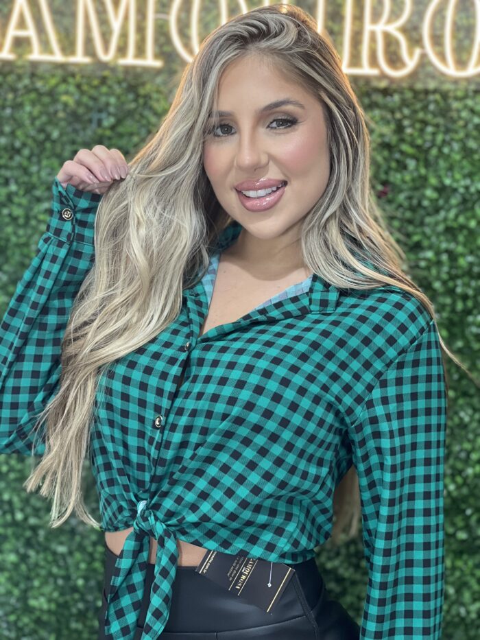 cropped camisa manga longa joana xadrez verde