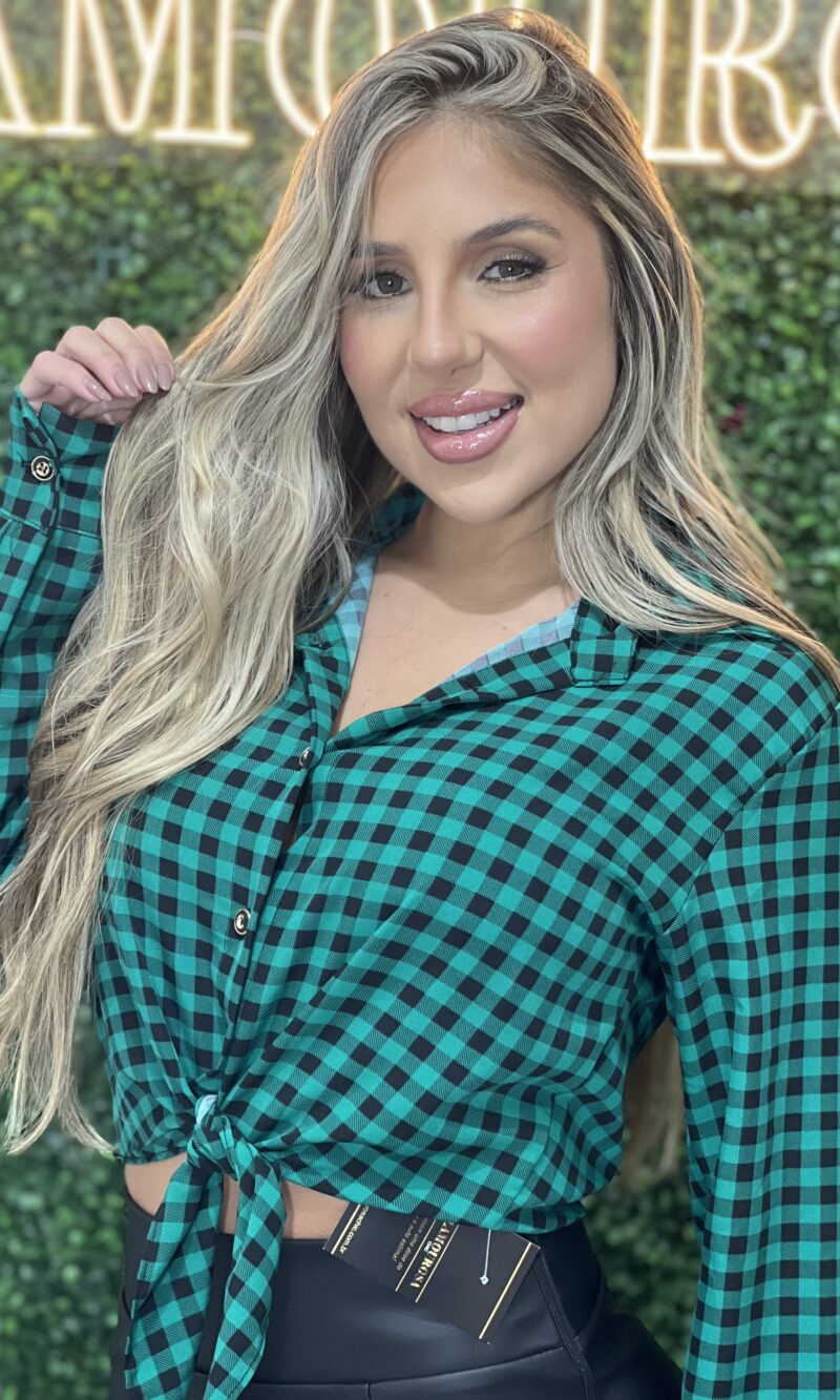 cropped camisa manga longa joana xadrez verde