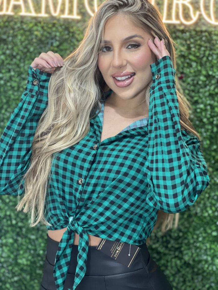 cropped camisa manga longa joana xadrez verde cropped camisa manga longa joana xadrez verde