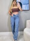 calça jeans cargo wide leg naiume