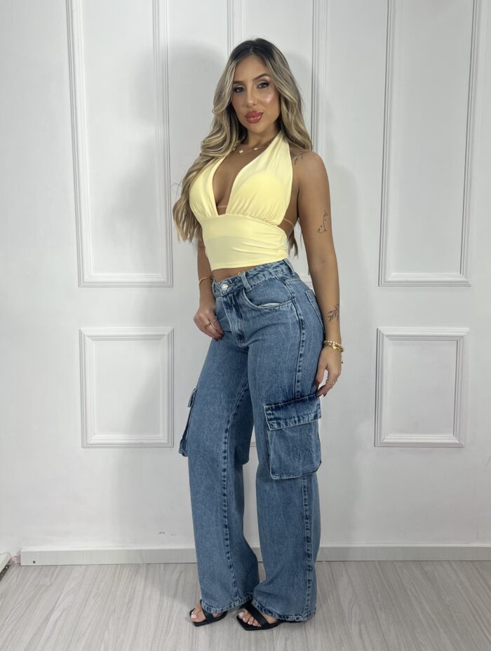 calça jeans cargo wide leg naiume