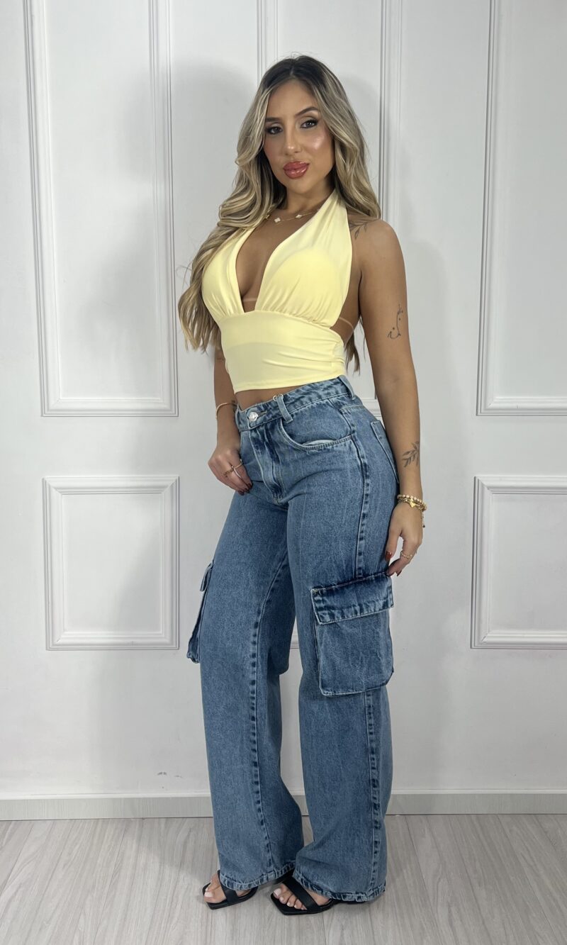 calça jeans cargo wide leg naiume