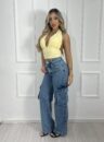 calça jeans cargo wide leg naiume