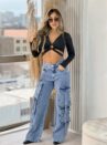 calça jeans cargo wide leg pequim lavagem clara