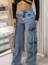 calça jeans cargo wide leg pequim lavagem clara