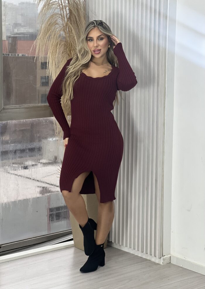 vestido midi manga longa modal michele bordô