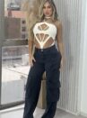 calça jeans cargo wide leg ludmila