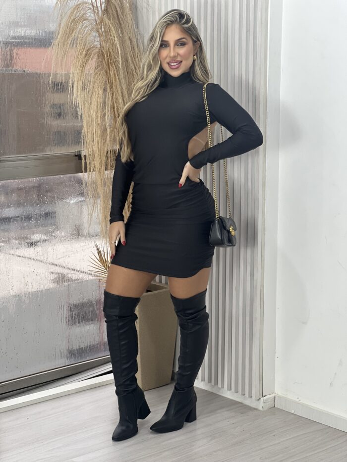 vestido midi manga longa sabrina preto