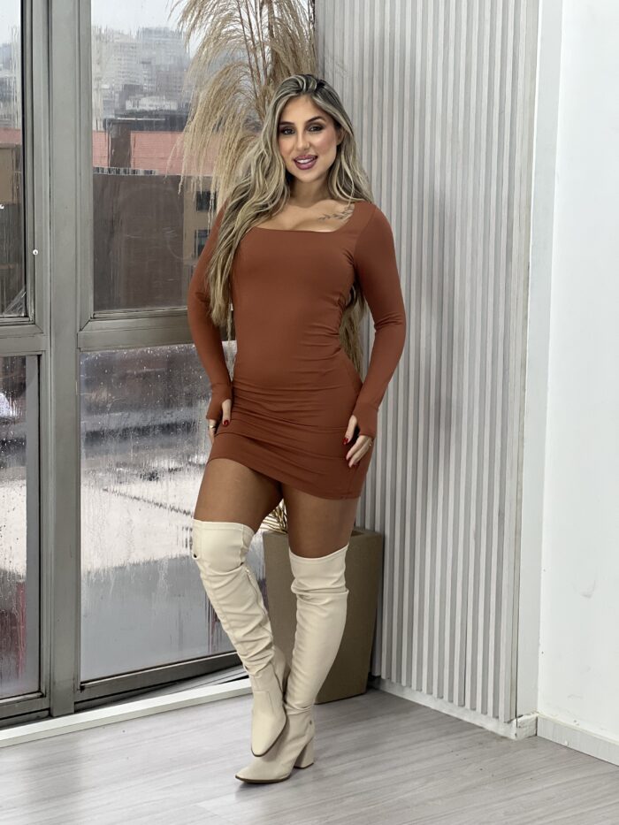 vestido manga longa poliamida katrin caramelo