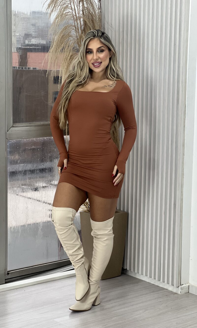 vestido manga longa poliamida katrin caramelo