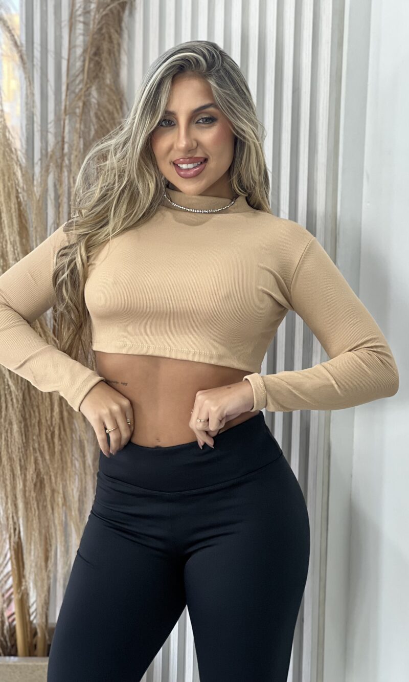 cropped manga longa bege