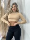 cropped manga longa bege