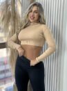 cropped manga longa bege