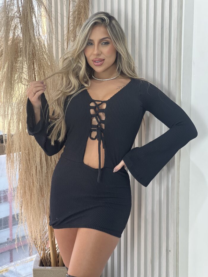 vestido manga longa rebeca preto