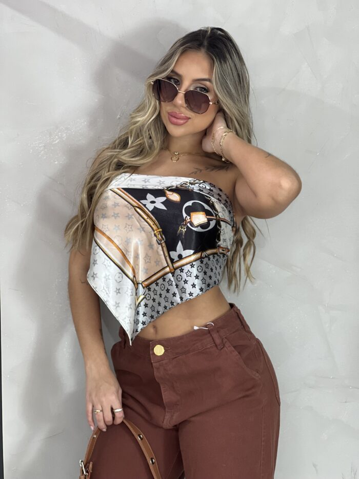 lenço multiformas cetim seda flor preto/off white