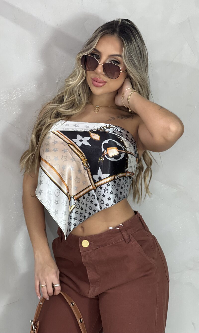 lenço multiformas cetim seda flor preto/off white