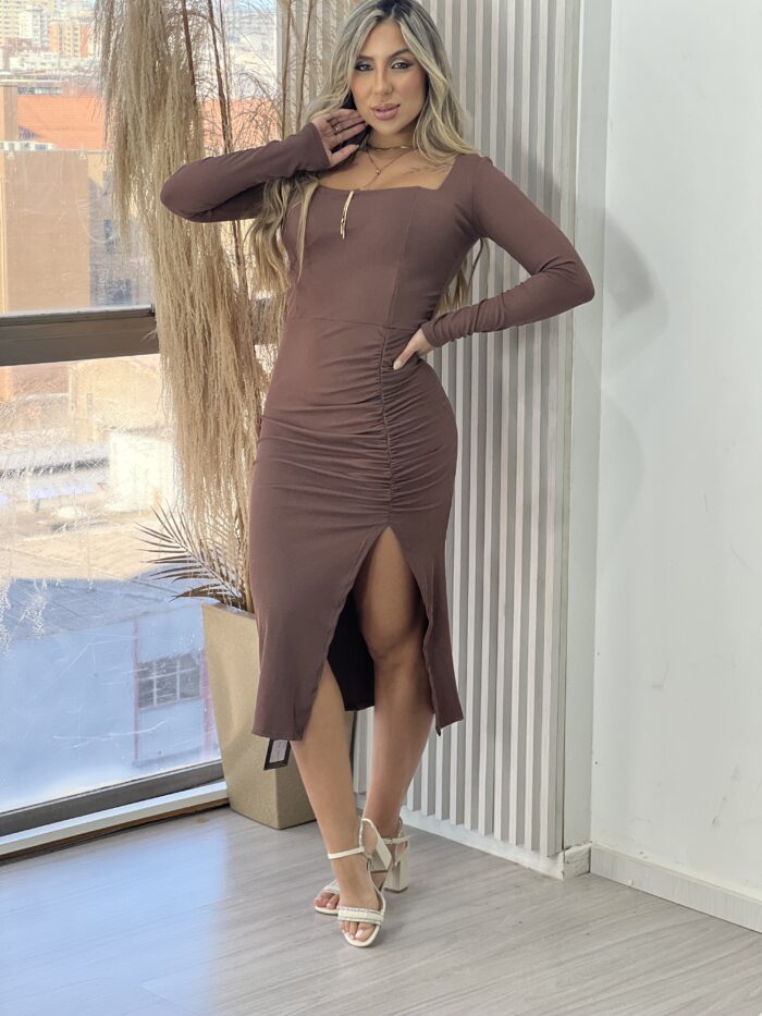 vestido midi manga longa kalifa marrom