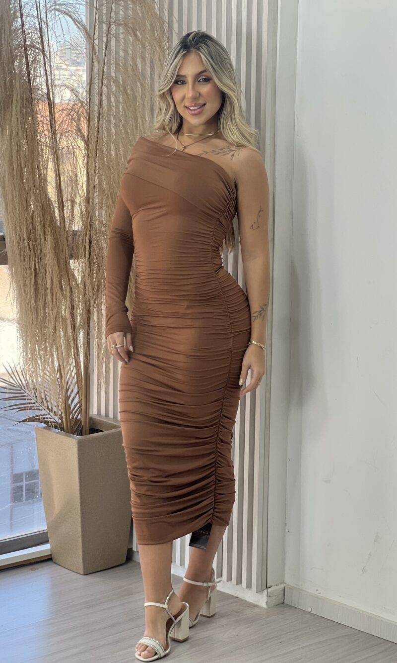 vestido midi manga longa janete marrom