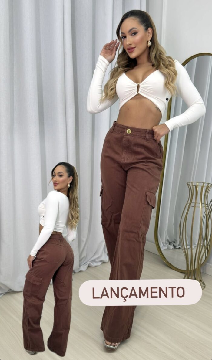 calça jeans wide leg antonia marrom