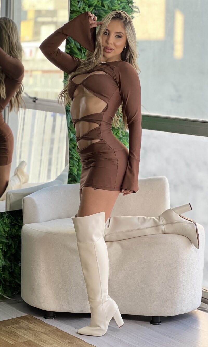 vestido manga longa dani marrom