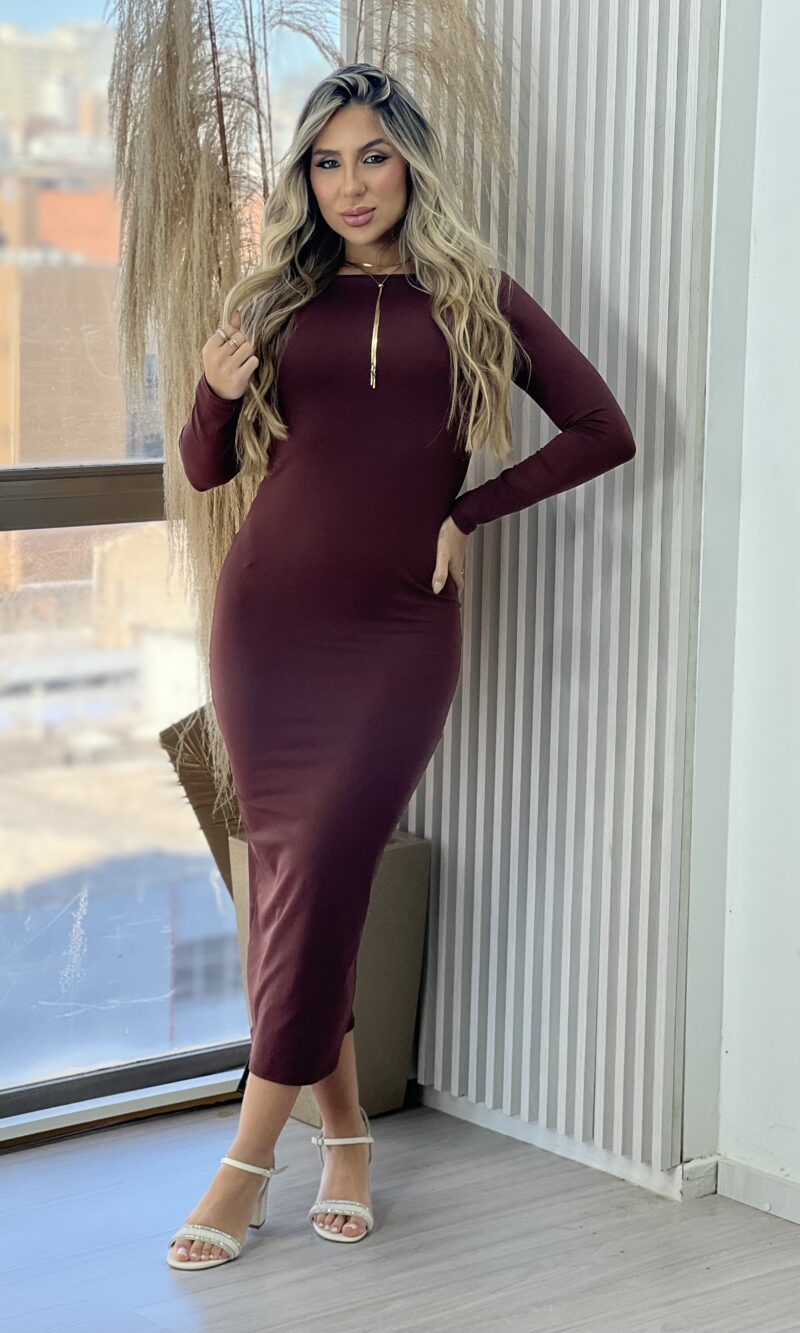 vestido midi manga longa mileidy marrom
