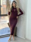 vestido midi manga longa mileidy marrom