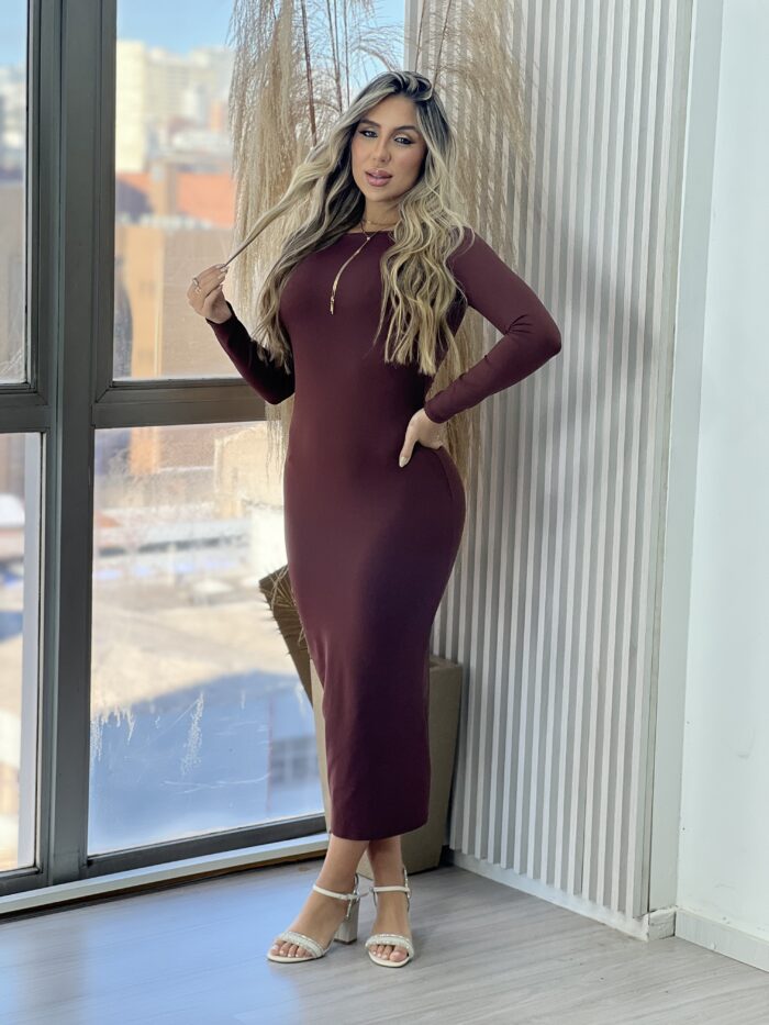 vestido midi manga longa mileidy marrom vestido midi manga longa mileidy marrom