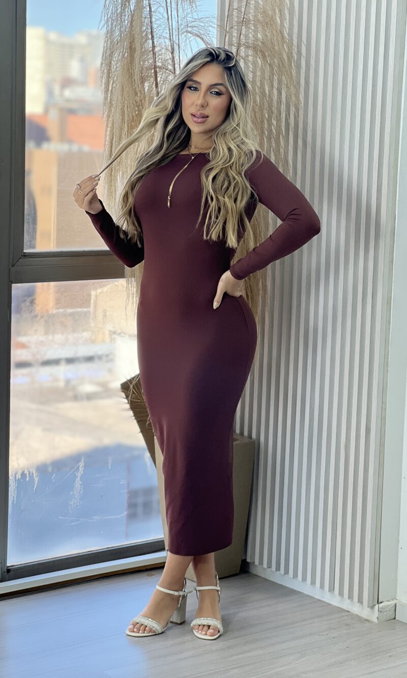 vestido midi manga longa mileidy marrom vestido midi manga longa mileidy marrom