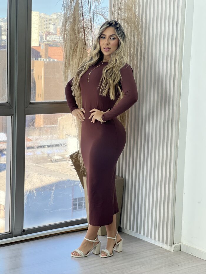 vestido midi manga longa mileidy marrom vestido midi manga longa mileidy marrom