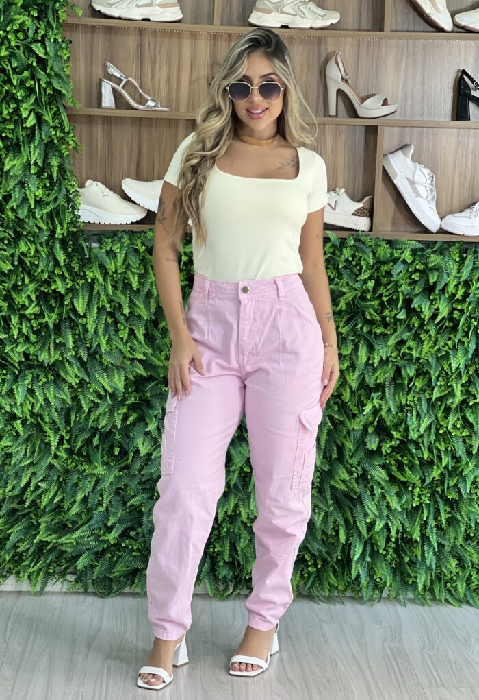 calca jeans mom cargo rosa baby