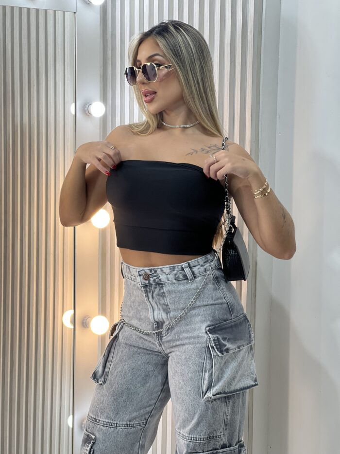 calça jeans wide leg cargo mira