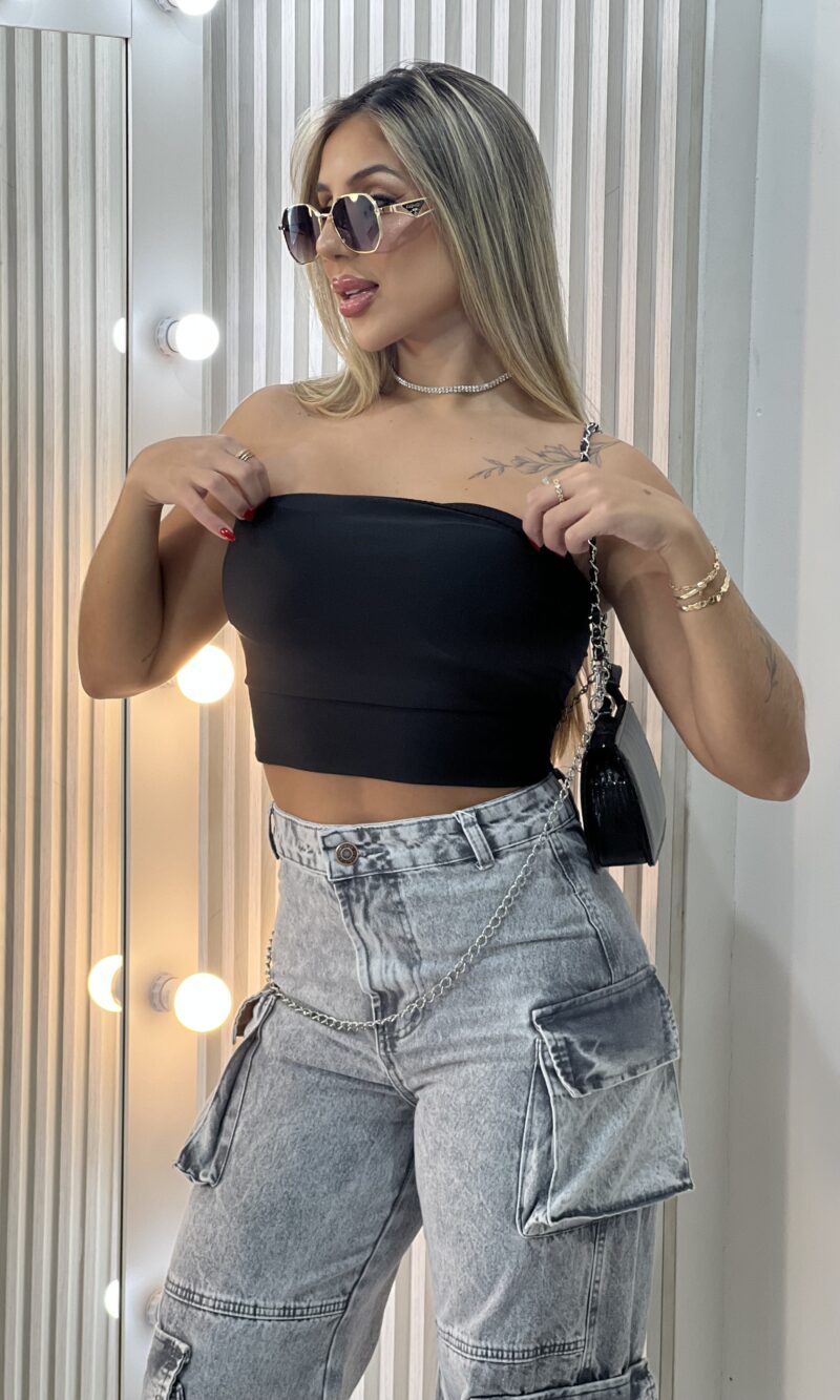 calça jeans wide leg cargo mira