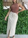 saia midi com cinto alexandrina bege