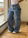 calca jeans wide leg cargo kelly 23 graus