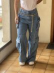 calca jeans wide leg cargo kelly 23 graus