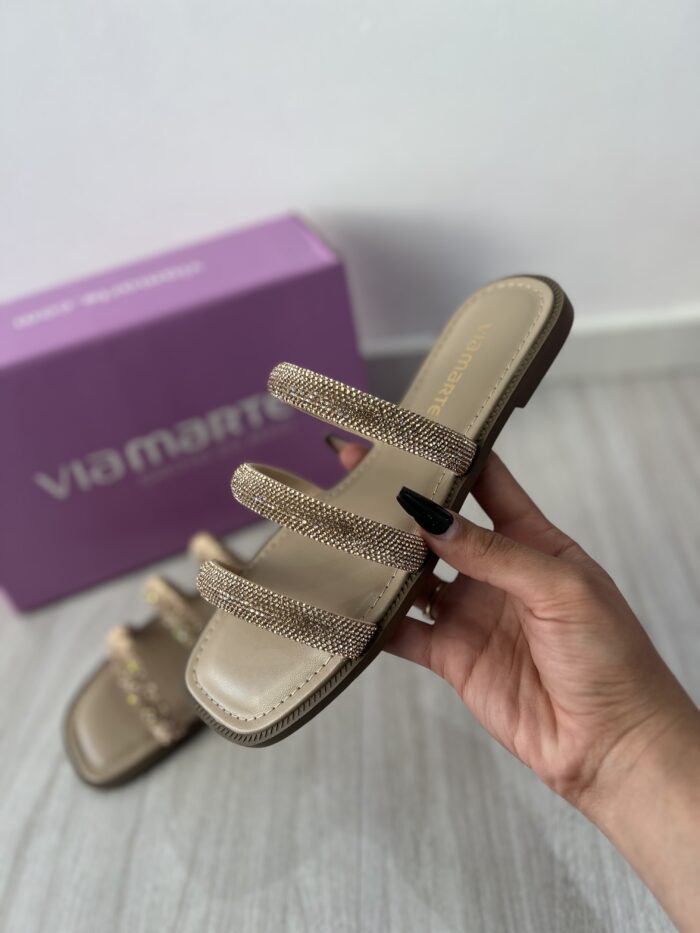 rasteira 3 tiras strass dourado via marte 291 005 01