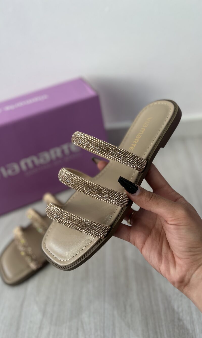 rasteira 3 tiras strass dourado via marte 291 005 01