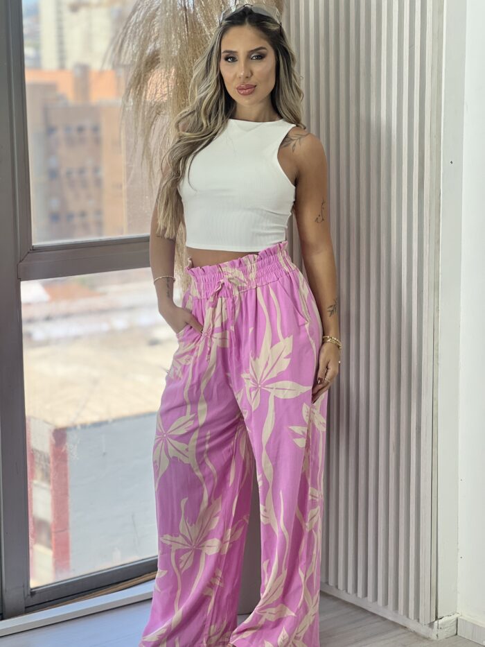 calca pantalona jaqueline rosa estampado