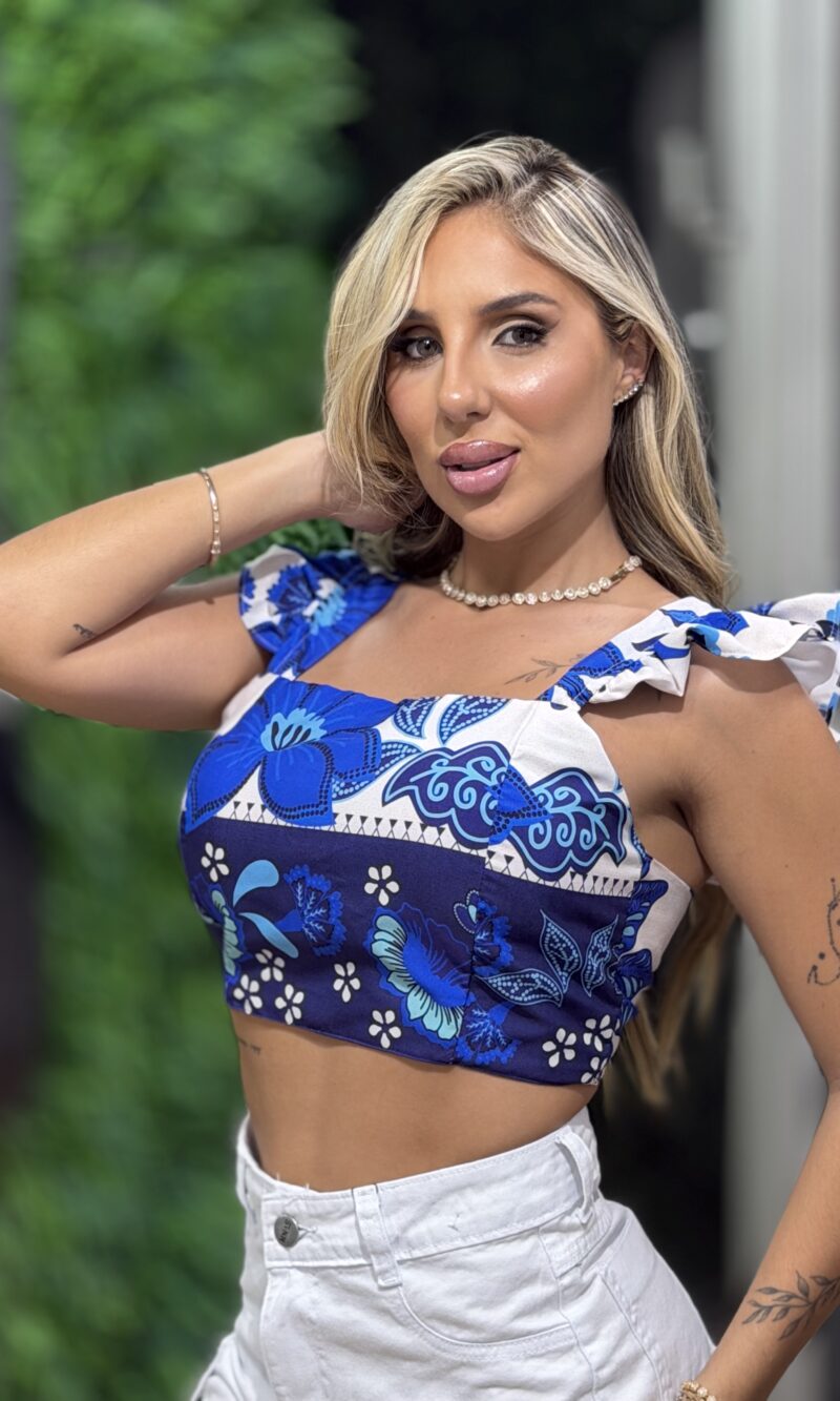 cropped flÁvia estampado azul
