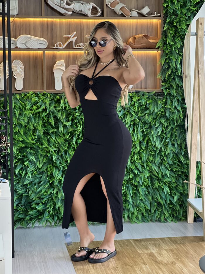 vestido midi canelado zoraide preto