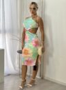 vestido canelado midi estampado liz flor rosa