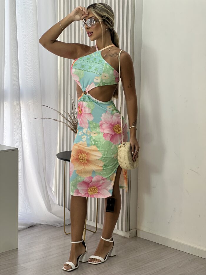 vestido canelado midi estampado liz flor rosa vestido canelado midi estampado liz flor rosa