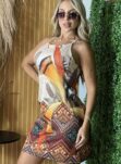 vestido estampado celine bege laranja